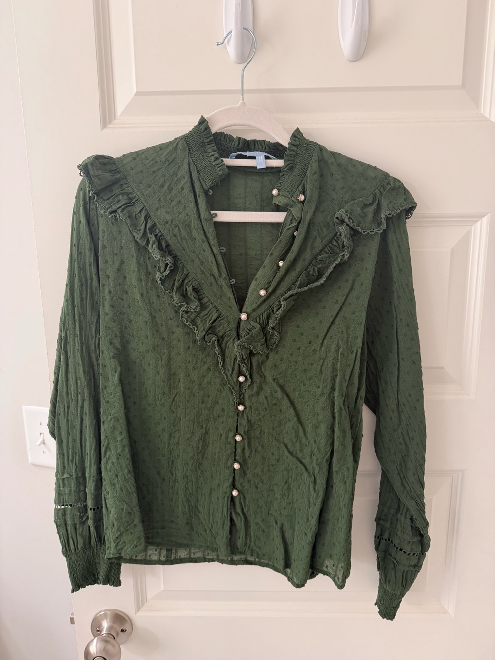 Hill House Olive Green Ruffle-Trim Button Blouse